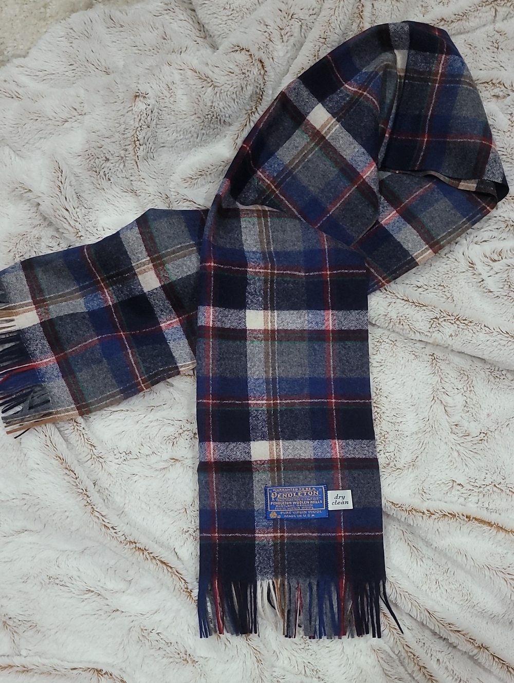Pendleton Navy, Gray and Red Plaid Wool Scarf